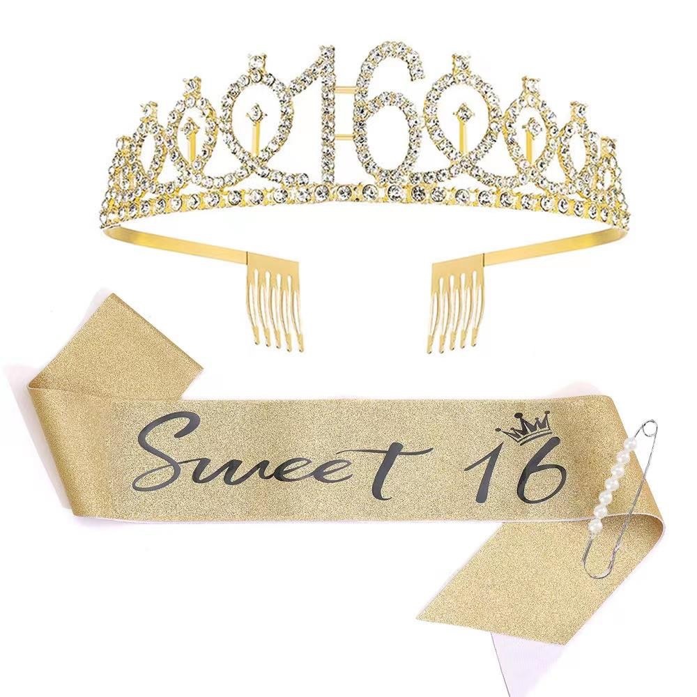 Sweet 16 Rhinestone Tiara crown and Sash.